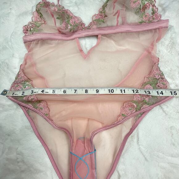 🔥NWOT ASOS Floral Embroidered Mesh Strappy Lingerie Bodysuit  Pink Size 10 - Picture 12 of 13